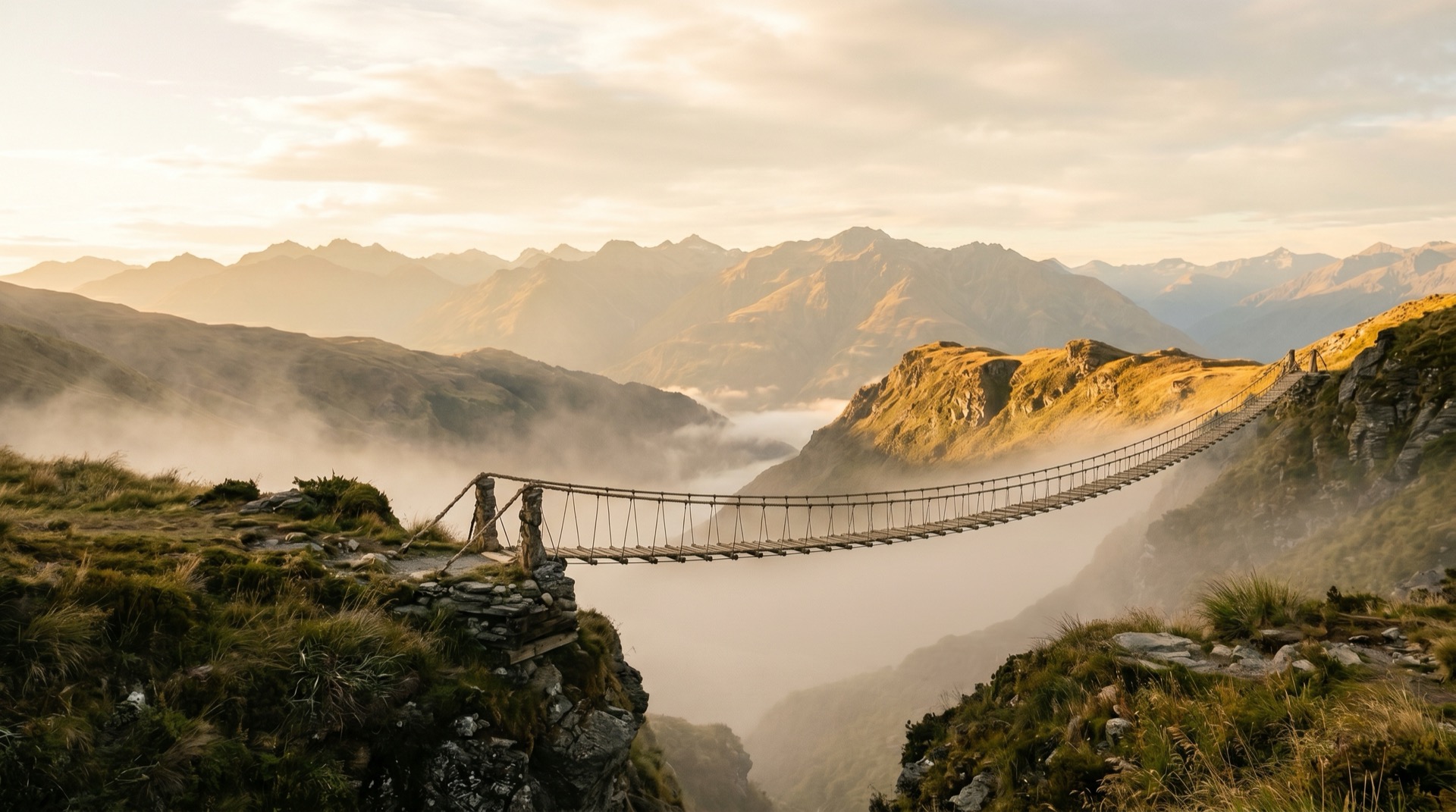 A rope footbridge stretching across a fog-filled mountain valley at sunrise